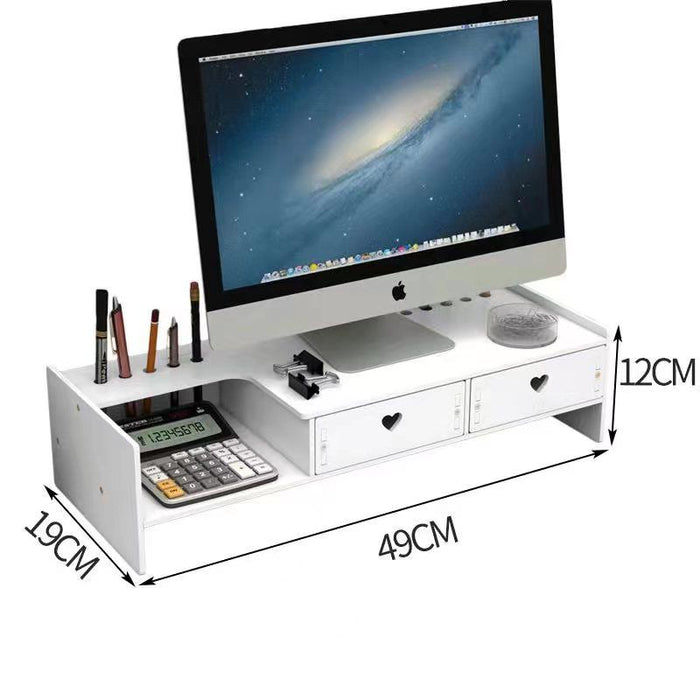 Suport multifuncional pentru monitor, cu 2 sertare, din lemn cu plastic, 49x19x12cm, alb