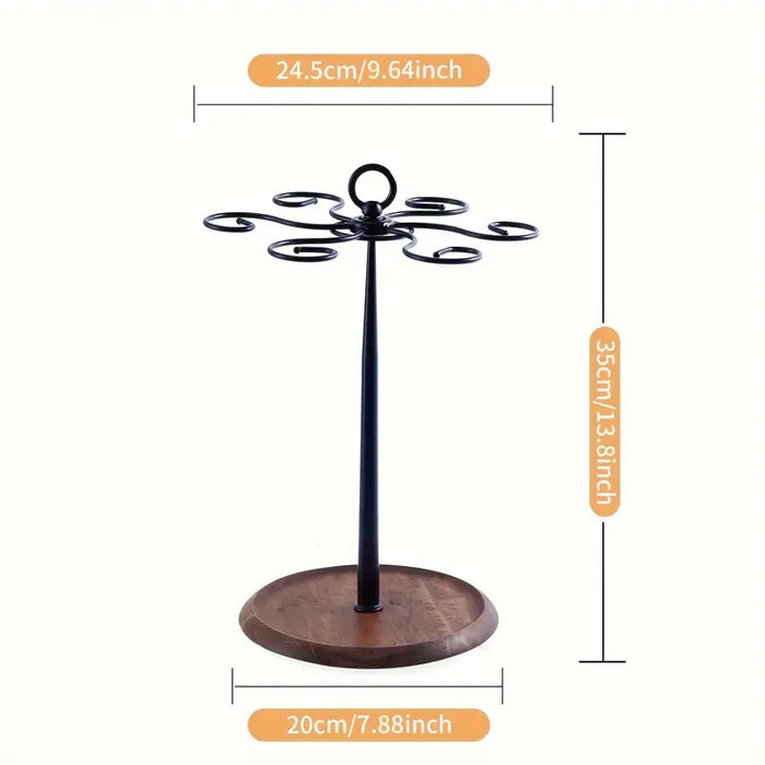Поддръжка за 6 чаши вино, метал с дървена основа, височина 35 см, черно с кафяво