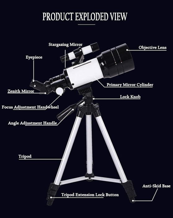 400 мм монокуларен астрономически телескоп (f/5.7), със статив, бял-силвър-черен