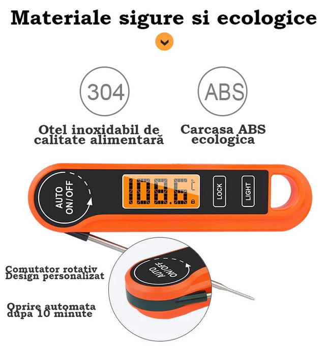 Digitális élelmiszer -hőmérő azonnali leolvasással, -50 ° C és +300 ° C közötti mérések, narancs