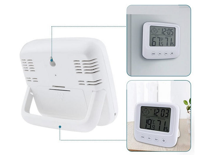 Termometru si higrometru digital, Afisaj LCD luminat, Ceas, Alarma, Alb