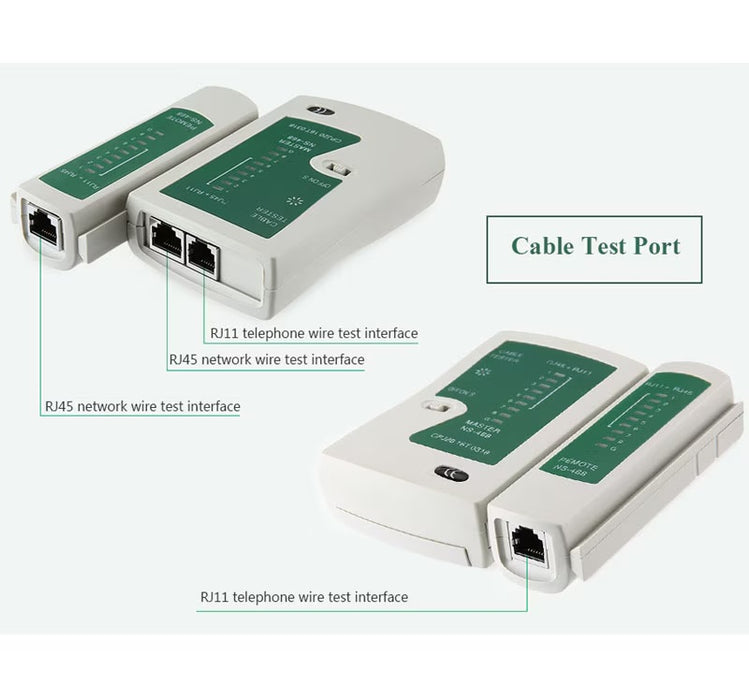 Tester pentru cabluri de retea LAN, RJ45, RJ11, N21CL, Cat5, Ethernet si Line, husa inclusa, alb/verde