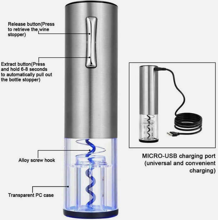 Tirbuson electric pentru sticle de vin cu dispozitiv inlaturare sigiliu si cablu USB, Argintiu