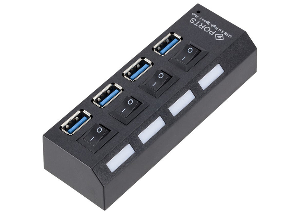 USB Hub с 4 високоскоростен USB 3.0 порт, бутон за включване/изключване, с черен, черен захранващ кабел