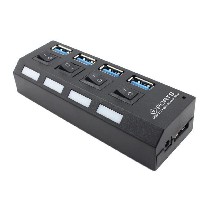 USB Hub с 4 високоскоростен USB 3.0 порт, бутон за включване/изключване, с черен, черен захранващ кабел