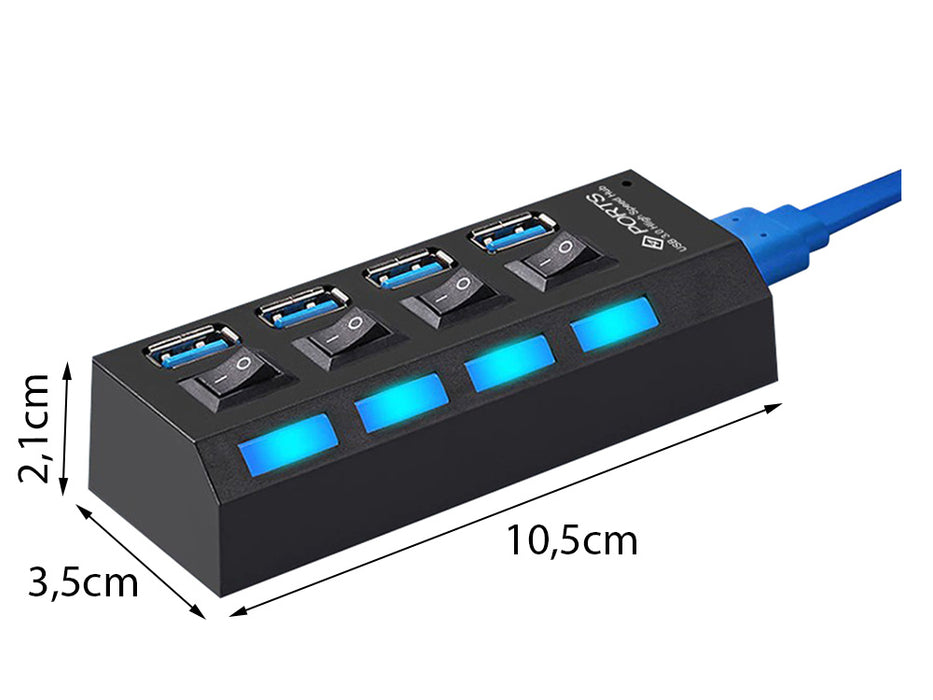 USB HUB 4 nagysebességű USB 3.0 port, be/ki gomb, fekete, fekete tápkábel