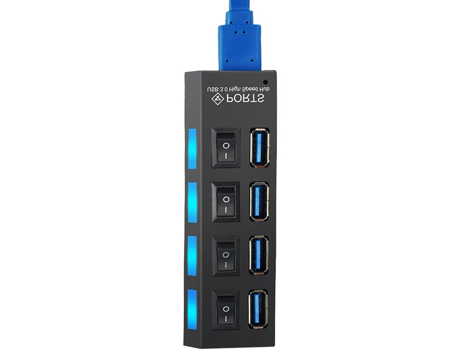 USB Hub с 4 високоскоростен USB 3.0 порт, бутон за включване/изключване, с черен, черен захранващ кабел