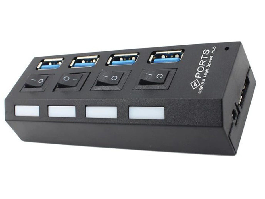 USB Hub с 4 високоскоростен USB 3.0 порт, бутон за включване/изключване, с черен, черен захранващ кабел