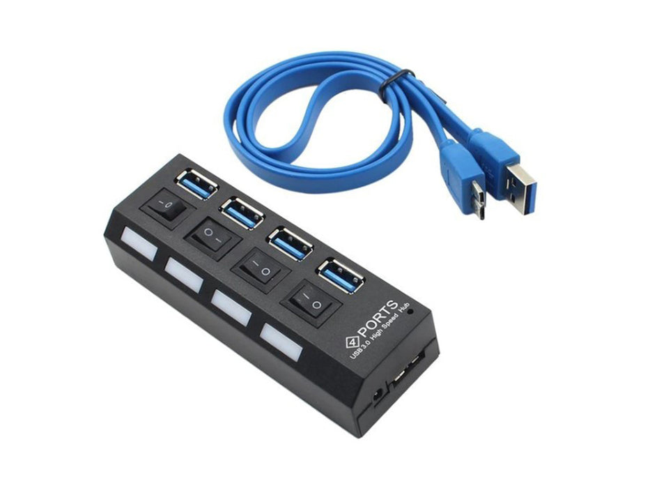 USB Hub με 4 θύρα USB 3.0 υψηλής ταχύτητας, ON/OFF, με μαύρο, μαύρο καλώδιο τροφοδοσίας