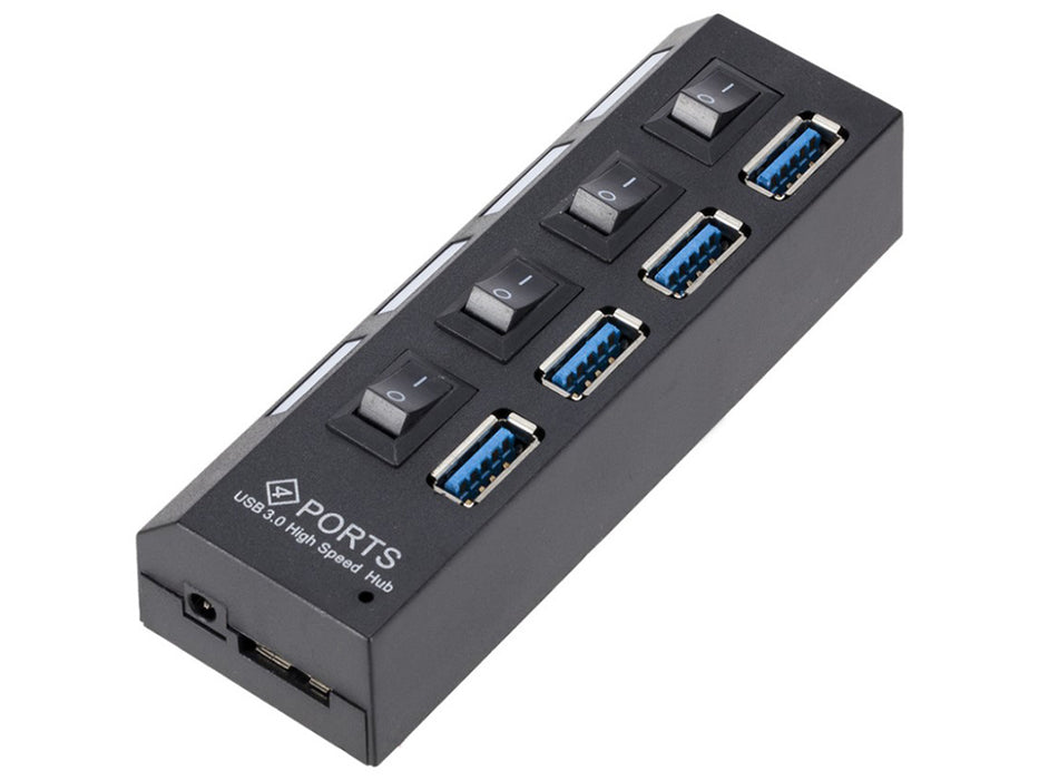 USB Hub με 4 θύρα USB 3.0 υψηλής ταχύτητας, ON/OFF, με μαύρο, μαύρο καλώδιο τροφοδοσίας