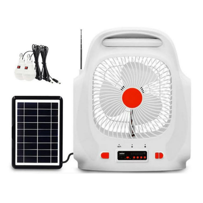Ventilator cu panou solar si doua becuri, difuzor, Radio FM si bluetooth, alb cu portocaliu
