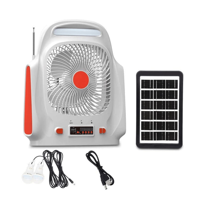 Ventilator cu panou solar si doua becuri, difuzor, Radio FM si bluetooth, alb cu portocaliu