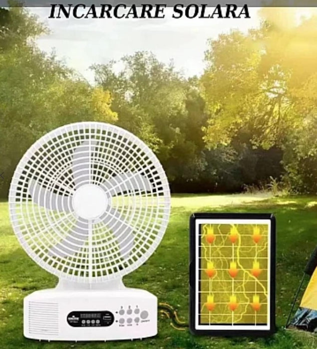 Ventilator cu panou solar si difuzor 30cm, functie incarcare USB, Alb