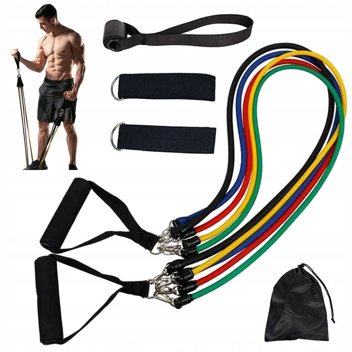 Extensor pentru antrenament/fitness cu 5 corzi elastice, 2 manere si suport usa
