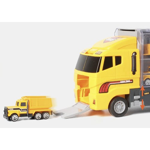 Set jucarii cu tir si 6 camioane din plastic pentru copii de peste 3 ani
