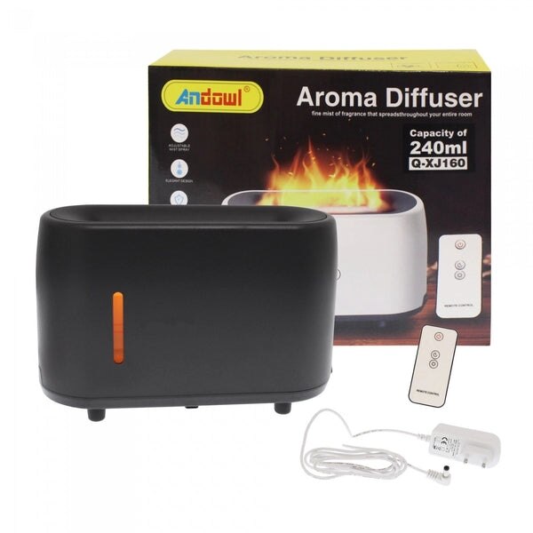 Umidificator si Difuzor de Aroma, cu Flacara Falsa, 240ml, Telecomanda, Temporizator, Negru