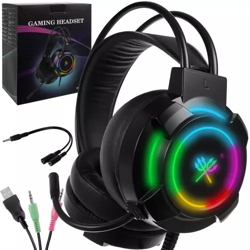 Gaming fejhallgató mikrofonnal és RGB megvilágítással, fekete