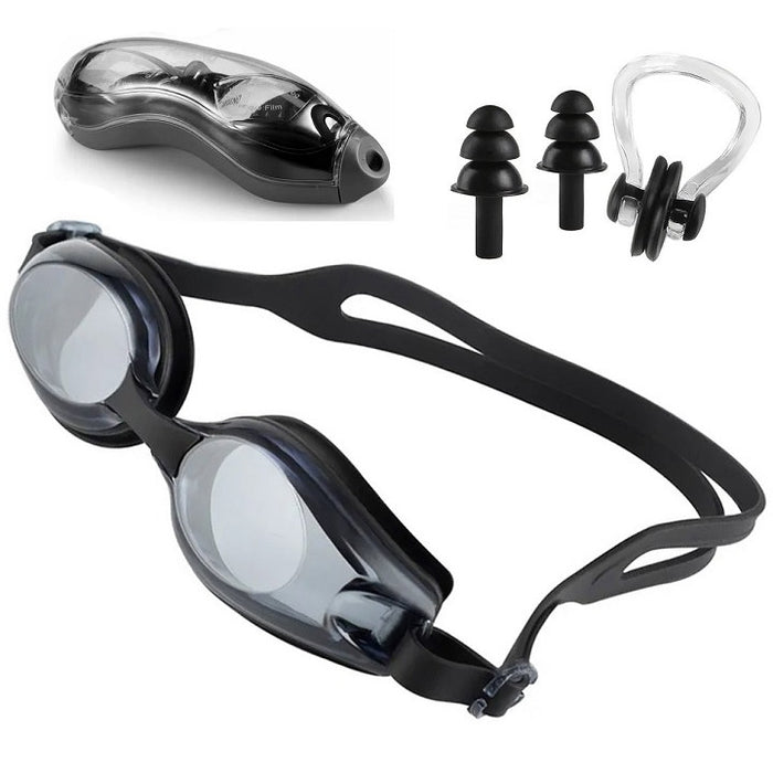 Плувен комплект, очила, тапи за уши, скоба на носа, включена пета, UV филтър, черно