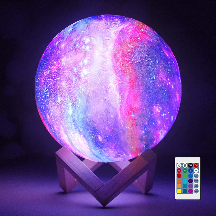 Lampa de veghe 3D, Model Luna cu suport de lemn, Multicolor