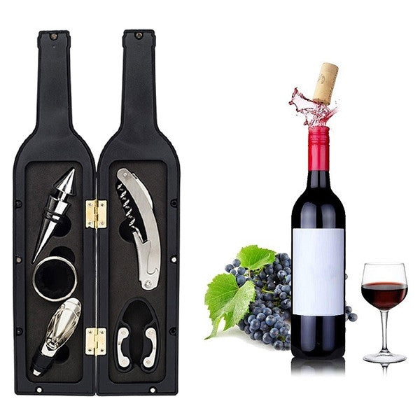 Set desfactor de vin cu 5 Accesorii Tirbuson, Inel, Dop, Antipicurator si Cutter, Negru