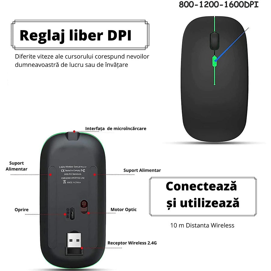 Mouse Wireless Reincarcabil, Ultra Slim, Silentios - 2 | YEO