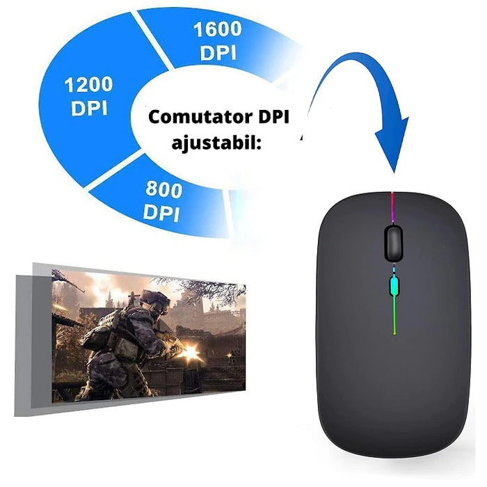 Mouse Wireless Reincarcabil, Ultra Slim, Silentios, LED RGB, Negru