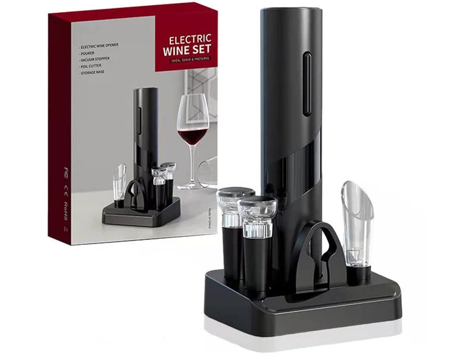 Set Tirbuson Electric cu Suport Welora®, 4 in 1 cu taietor de folie, dop de vid si aerator/varsator de vin, Desfacator Pentru Vin, Model 2023, Calitate Premium, Multifunctional, Negru