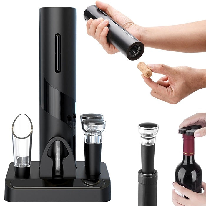 Set Tirbuson Electric cu Suport Welora®, 4 in 1 cu taietor de folie, dop de vid si aerator/varsator de vin, Desfacator Pentru Vin, Model 2023, Calitate Premium, Multifunctional, Negru