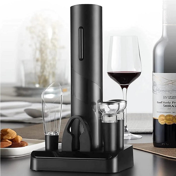 Set Tirbuson Electric cu Suport Welora®, 4 in 1 cu taietor de folie, dop de vid si aerator/varsator de vin, Desfacator Pentru Vin, Model 2023, Calitate Premium, Multifunctional, Negru