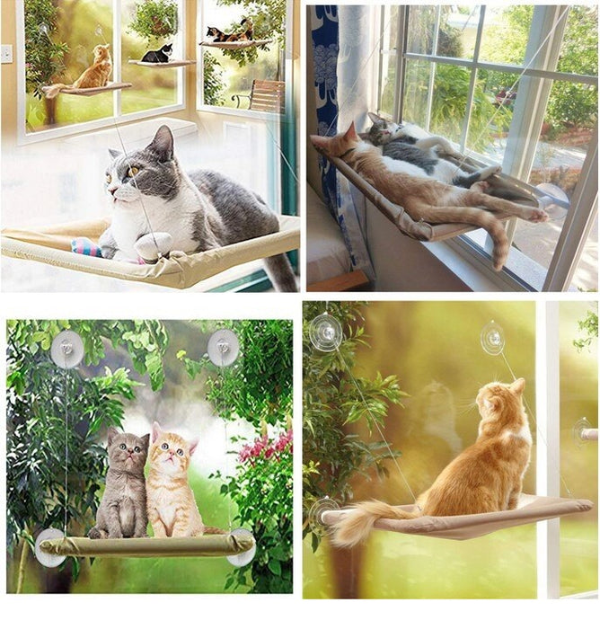 Pat suspendat tip hamac pentru pisici, montaj pe geam cu ventuze, 55x32cm, crem